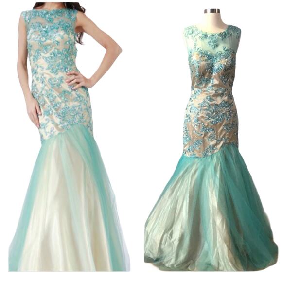 FORMAL GOWN Mermaid Embellished Aqua/Nude Tulle Skirt Ilusion Mesh Beaded Neck - Picture 1 of 9